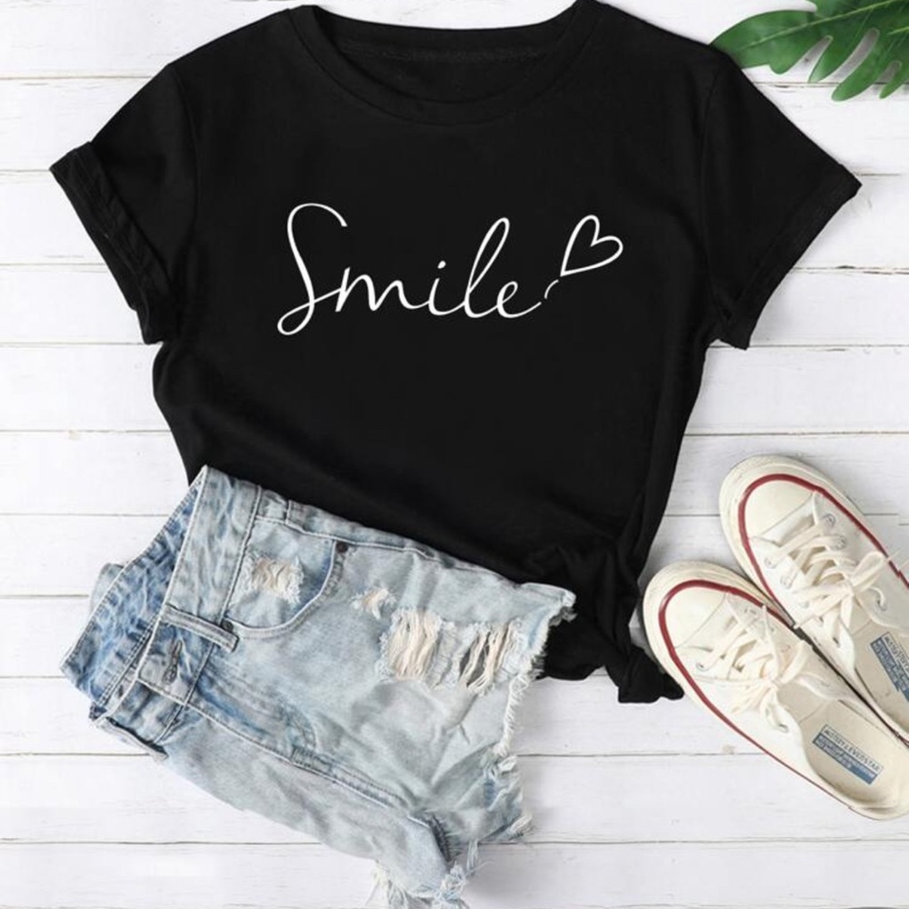 NWOT - SHEIN Black Tee with 'Smile' Heart Graphic